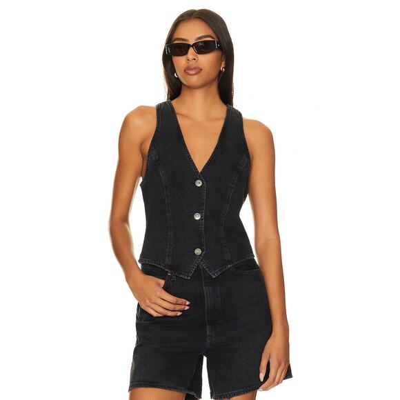 Agolde Heller Sleeveless Black Denim Button Front Structured Vest Spider XS - Picture 1 of 12